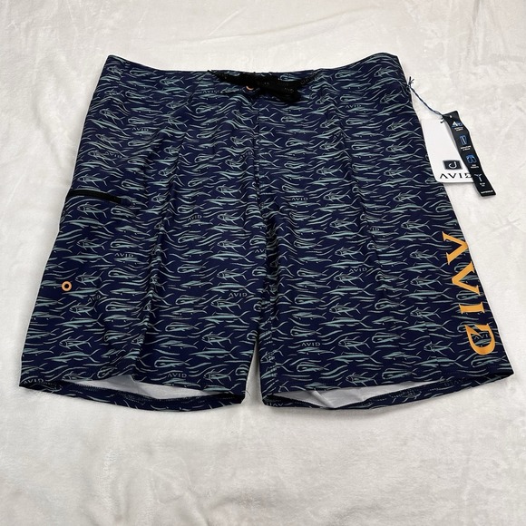 AVID New Horizon BoardShort Mens 36" Zip Fly Stretch Side Pocket Blue Fish NWT - Picture 1 of 9